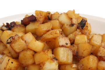 Fried potatoes with caramelized pork