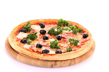 Pizza with olives isolated on white