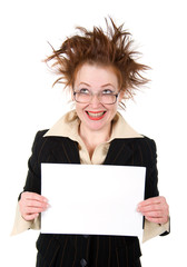 Naklejka premium crazy businesswoman holding a whiteboard