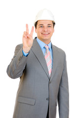 engineer showing Victory sign isolated on white background