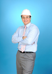 An engineer with white hard hat on blue background
