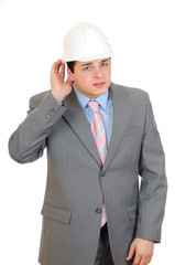 Engineer hold hand near ear, on white background