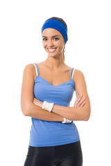 Portrait of woman in sportswear, isolated on white