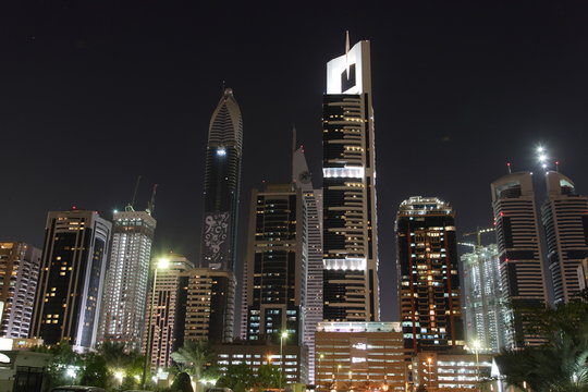 Skyline in Dubai at night.
