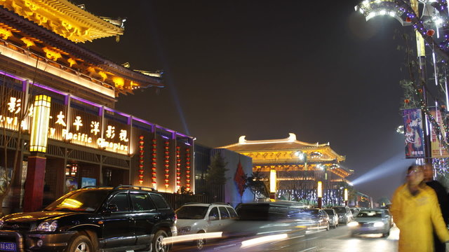 time lapse of night street of chinese city, Xi'an, China,