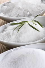three spoons with difrent salt and rosemary
