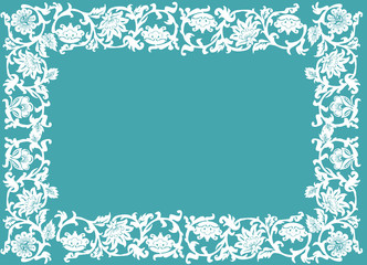 white on blue frame with simple flowers