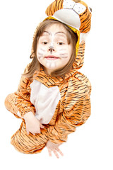 little girl wearing tiger costume isolated on white