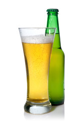 Beer in bottle and glass isolated on white