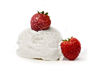 Two Fresh Strawberries on Vanilla Ice Cream