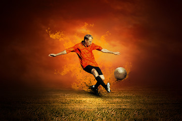 Football player on the field and fire