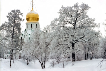 Church in cloudy winter day