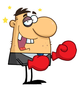 Businessman with Black Eye Wears Boxing Gloves