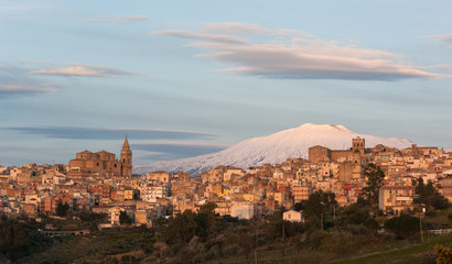 View Of Village On Background Etna