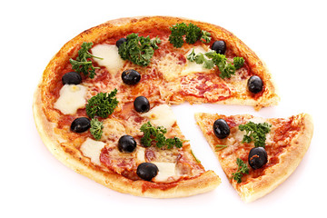 Pizza with olives .isolated on white