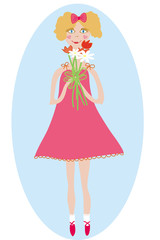 Litlle smiling girl with bunch of flowers