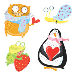Funny animals. Vector illustration. Cat, snail, penguin, frog
