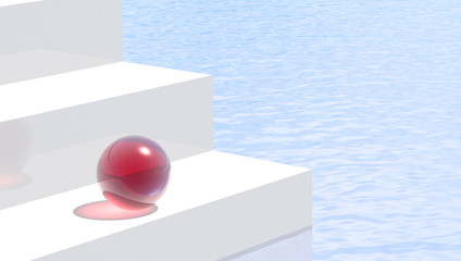 Red sphere on staircase reflected into the water