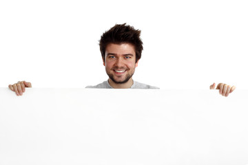 happy man holding a banner