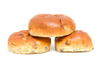 pile of three raisin bread over white background