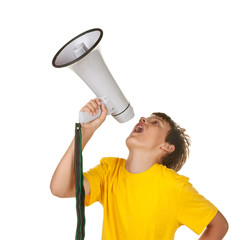 boy with megaphone on white