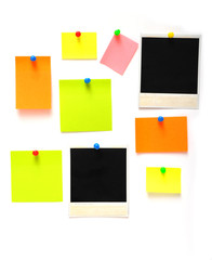 colorful empty notes and photo frames
