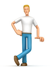 casual man  stands next to a blank place