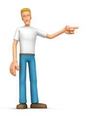 casual man  points his finger in the side