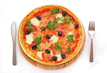 Tasty pizza with olives isolated on white