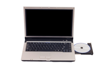 Laptop isolated on white, open cd tray