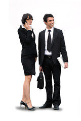 Homme et femme d'affaires avec téléphone et ordinatuer portable