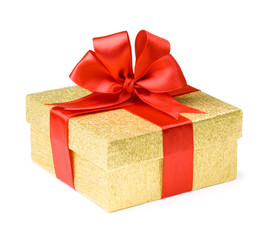 Gold box on a red background with a red ribbon rose