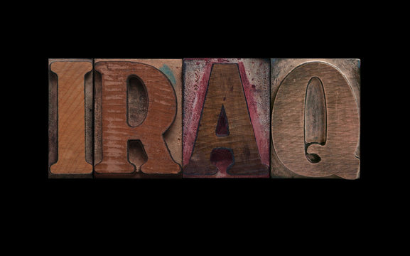 the word Iraq in old letterpress wood type