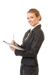 Portrait of smiling businesswoman with pen, isolated on white