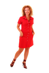 Young woman in red on white background