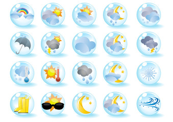 Set of weather icons in blue balls, vector illustration