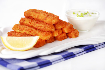Healthy fried fish sticks with remoulade