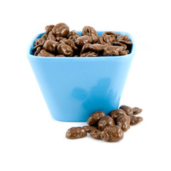 Blue bowl with chocolate raisins