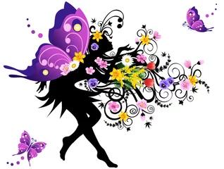 Peel and stick wall murals Flowers women Spring fairy with colorful wings