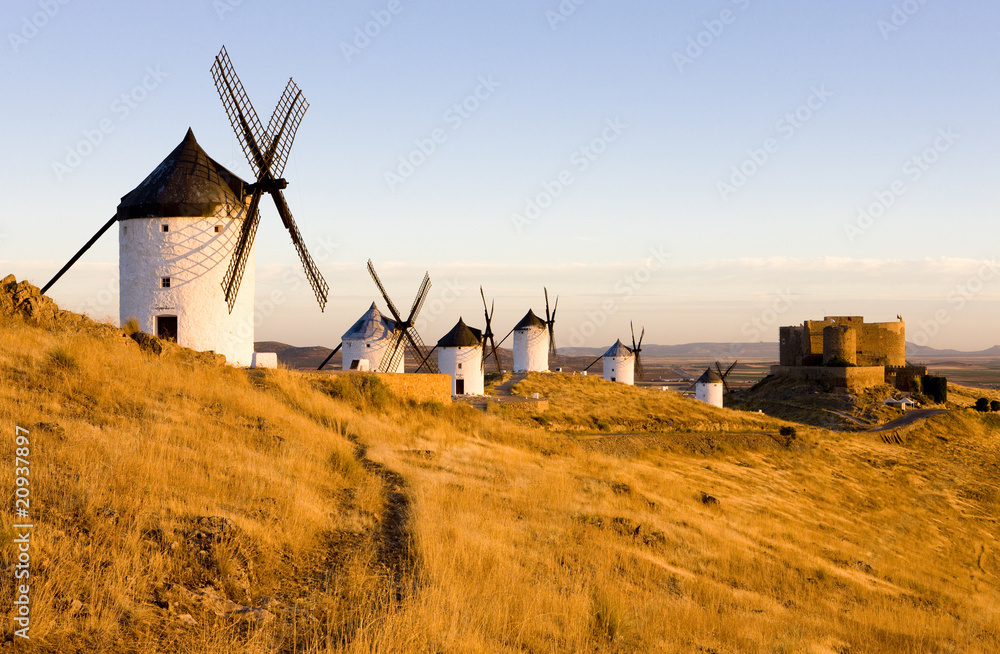 Sticker windmills with castle, consuegra, castile-la mancha, spain