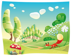 Fox in the wood. Funny cartoon and vector scene.