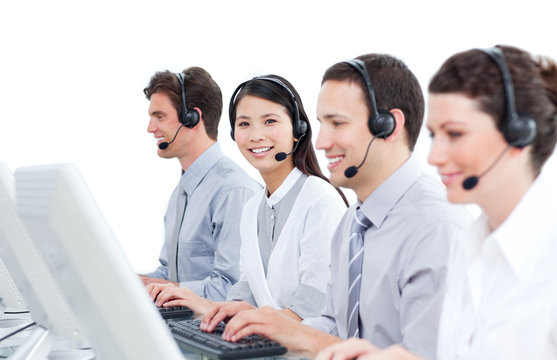 Multi-cultural customer service agents working in a call center