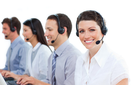 Positive customer service agents working in a call center