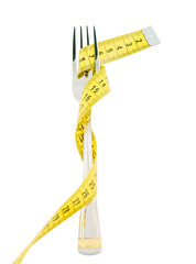 Diet concept, fork and measuring tape isolated