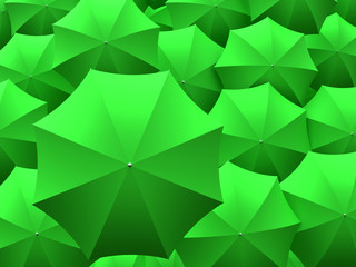 Fototapeta na wymiar One big green umbrella on top of many smaller umbrellas