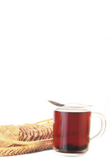 tea and basket with  pastries