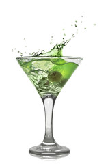 Green alcohol cocktail with splash isolated on white