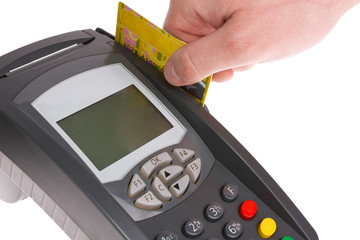 Paying with credit card. Isolated on white background