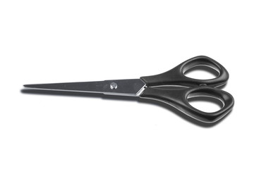 Modern metal scissors on a white background..