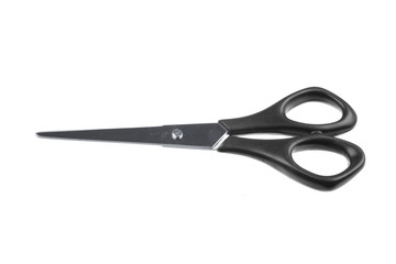 Modern metal scissors on a white background..